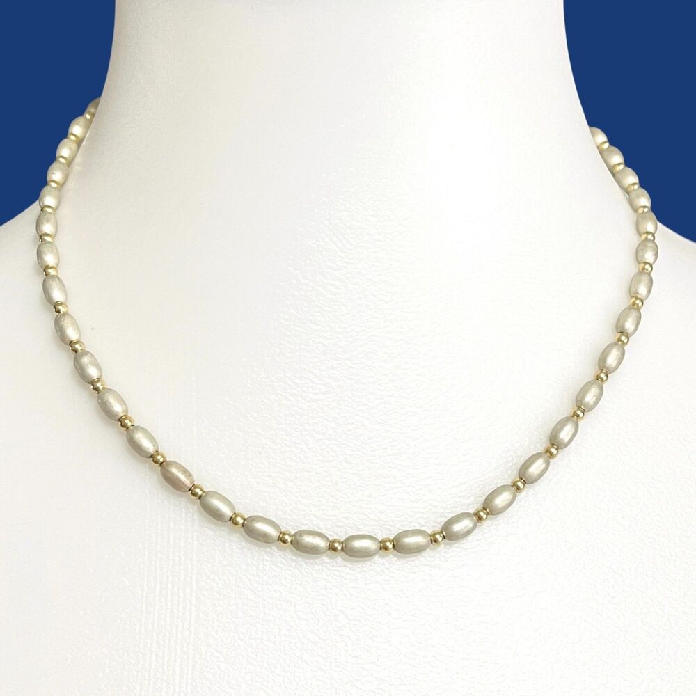 VTG Sterling Silver Chain Necklace Gold Tone Dainty Oval Metal Beads Italy 17"